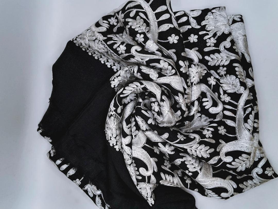 Premium Quality Black Embroidered Pashmina Cashmere Shawl