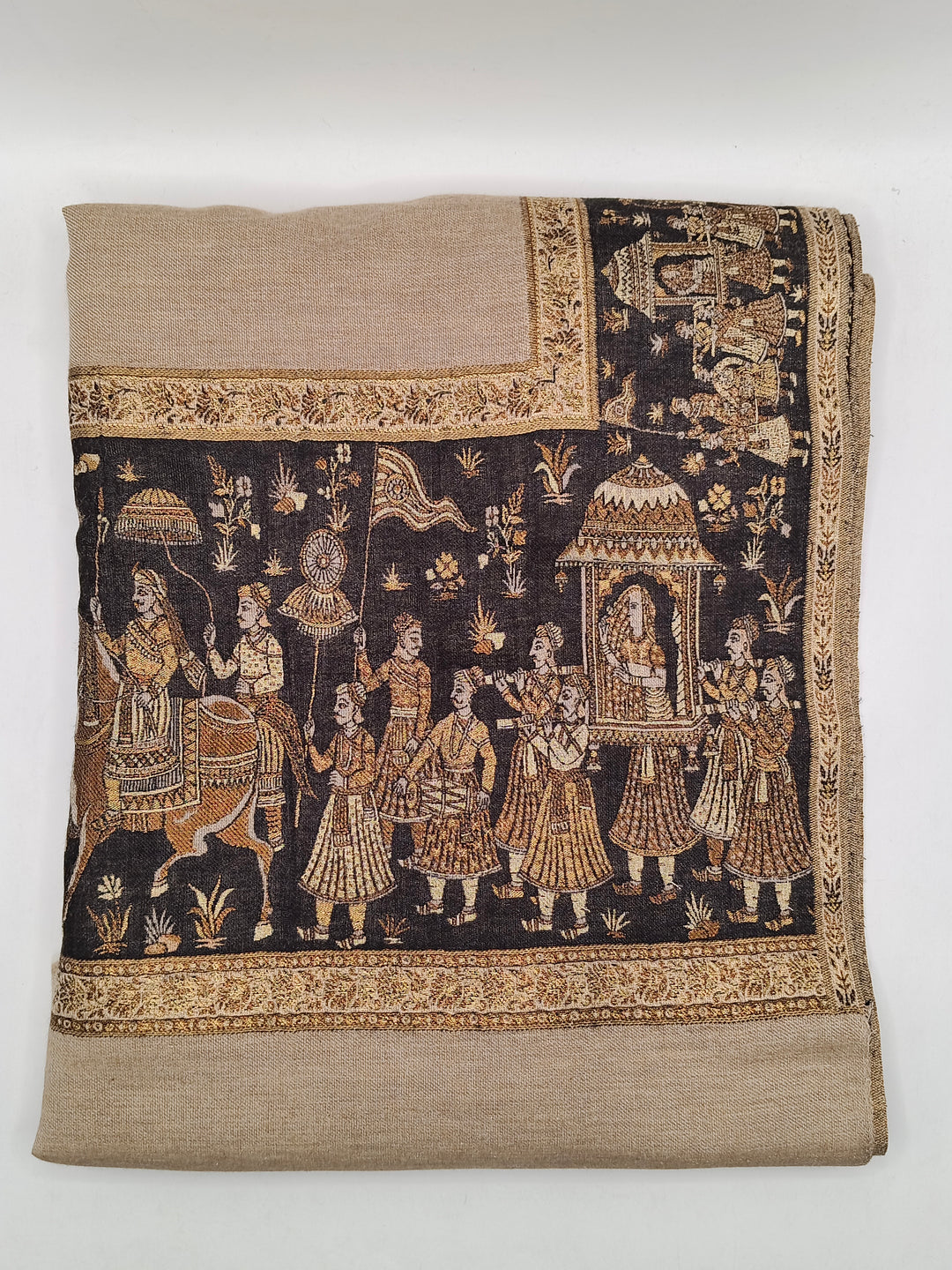 Premium Pashmina Shawl With Four Sided Black And Gold Woven Border