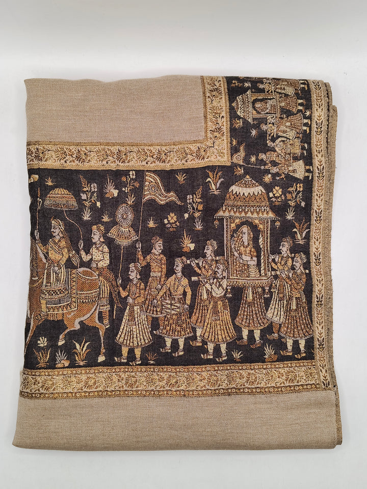 Premium Pashmina Shawl With Four Sided Black And Gold Woven Border