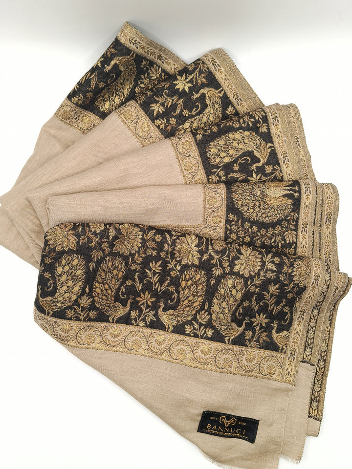 Premium Pashmina Shawl With Four Sided Black And Gold Woven Border