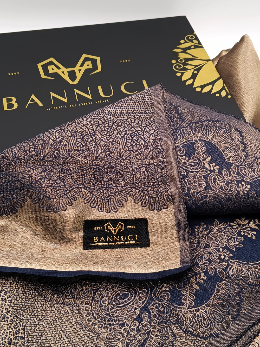 Premium Quality Blue Golden Reversible Moonlight Kani Pashmina Cashmere Shawl