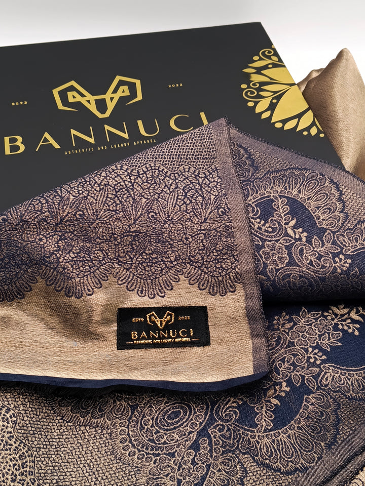 Premium Quality Blue Golden Reversible Moonlight Kani Pashmina Cashmere Shawl