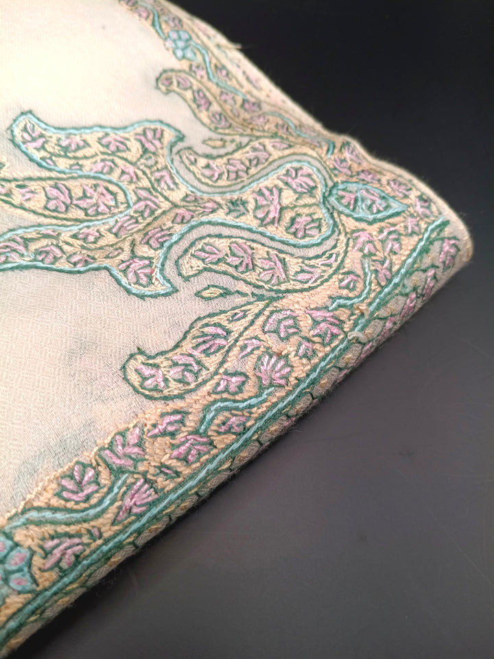 Hand Embroidered Extremely Soft Original Toosh Shawl With Border And 4 Kunj Motifs