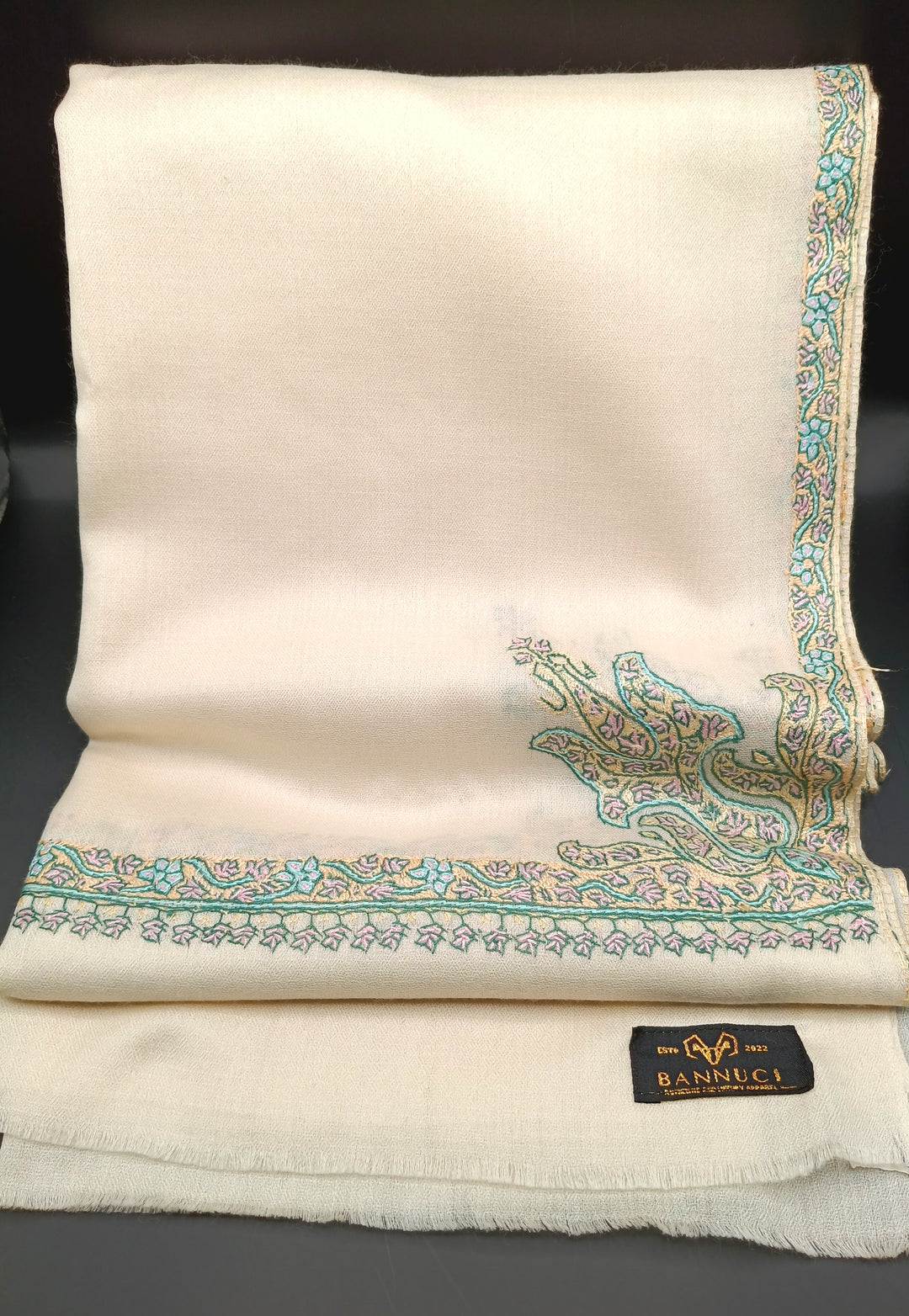 Hand Embroidered Extremely Soft Original Toosh Shawl With Border And 4 Kunj Motifs