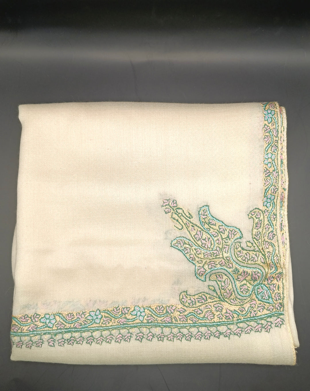 Hand Embroidered Extremely Soft Original Toosh Shawl With Border And 4 Kunj Motifs