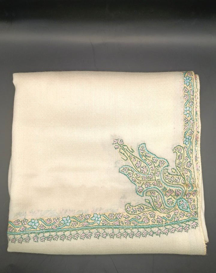 Hand Embroidered Extremely Soft Original Toosh Shawl With Border And 4 Kunj Motifs