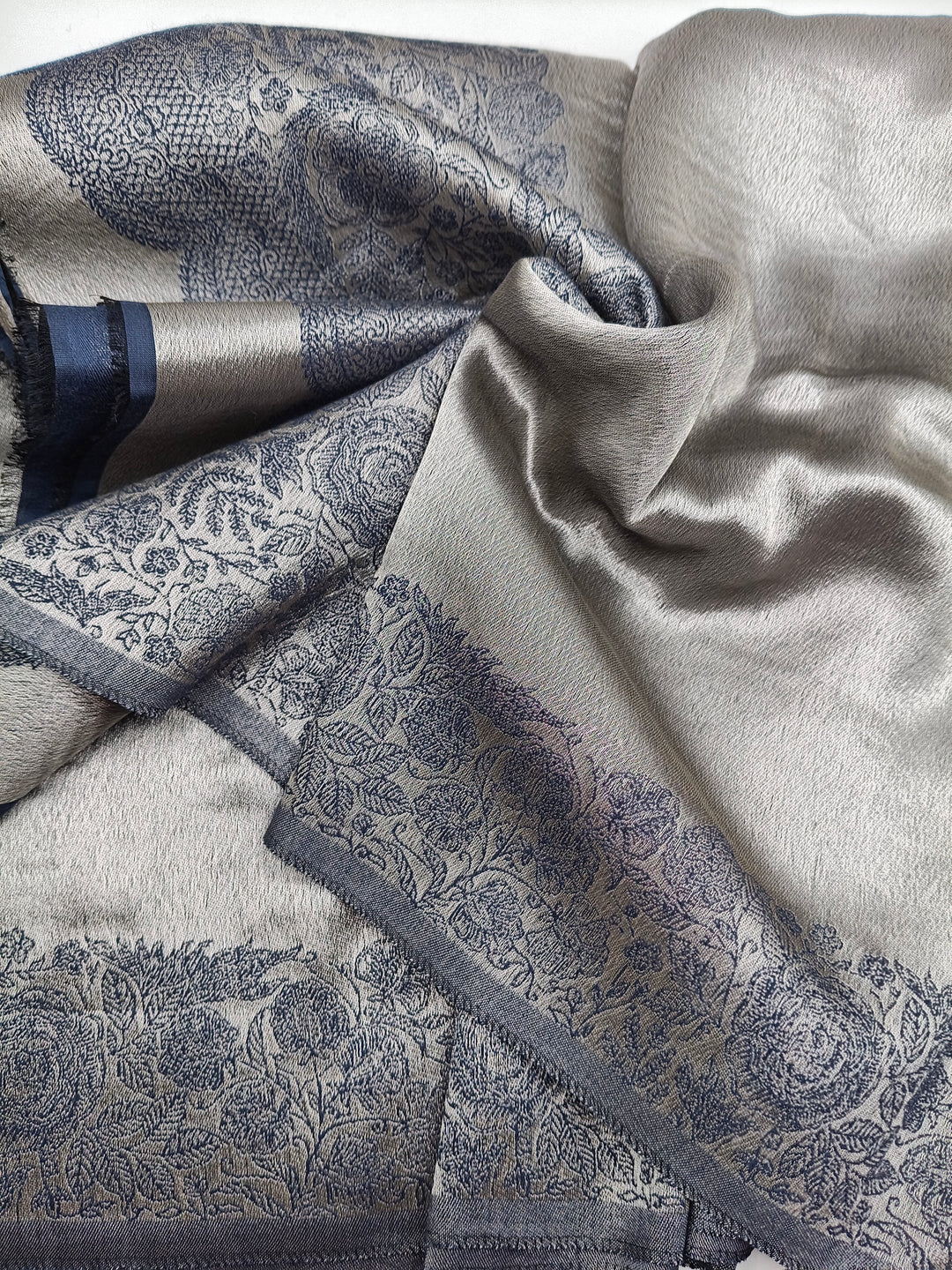 Premium Quality Blue Silver Reversible Moonlight Kani Pashmina Cashmere Shawl