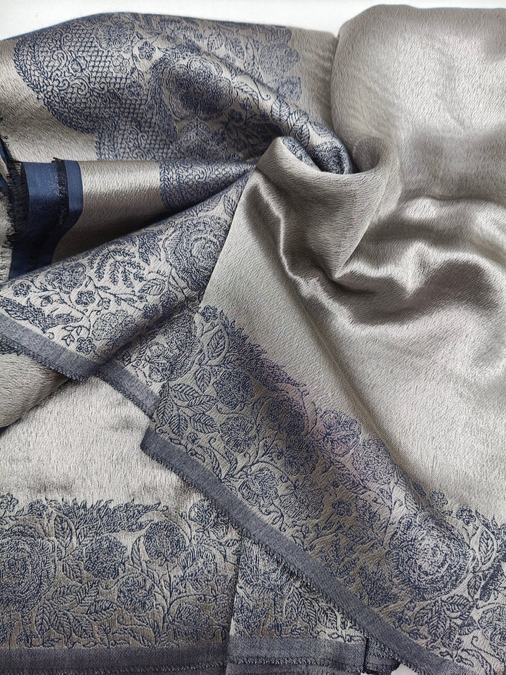 Premium Quality Blue Silver Reversible Moonlight Kani Pashmina Cashmere Shawl