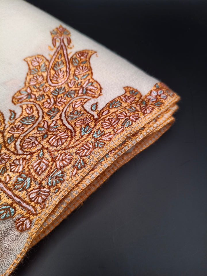 Hand Embroidered Extremely Soft Original Toosh Shawl With Border And 4 Kunj Motifs
